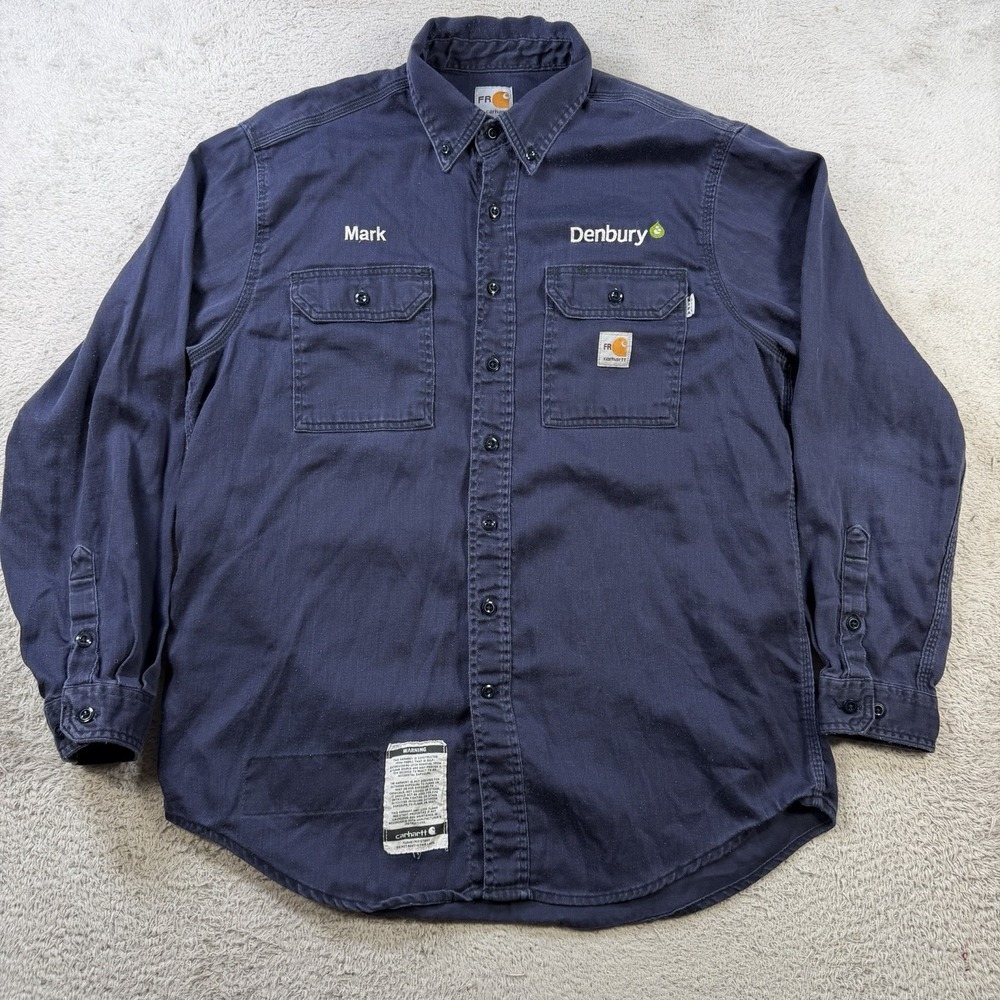 Carhartt FR Shirt Mens Large Navy Flame Resistant Long Sleeve Button Down Work